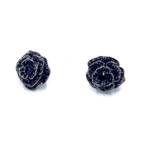 Blue Floral Gold Trim Sparkling Solid Earrings - Picture 4 of 5